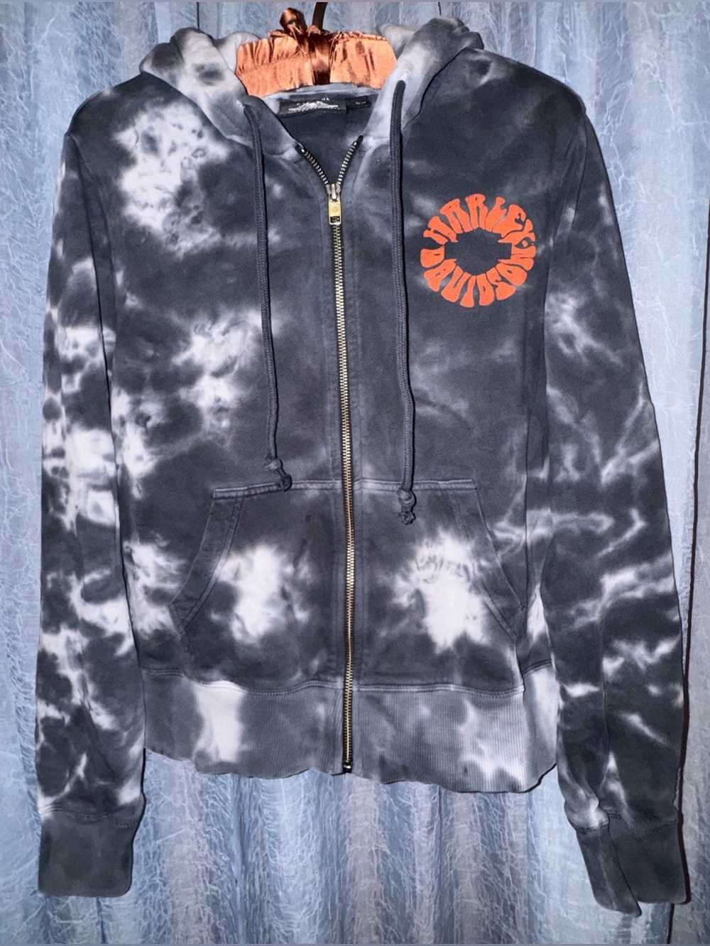 Harley-Davidson Tie Dye Zip Hoodie Black White Marble Orange Logo Size L EUC